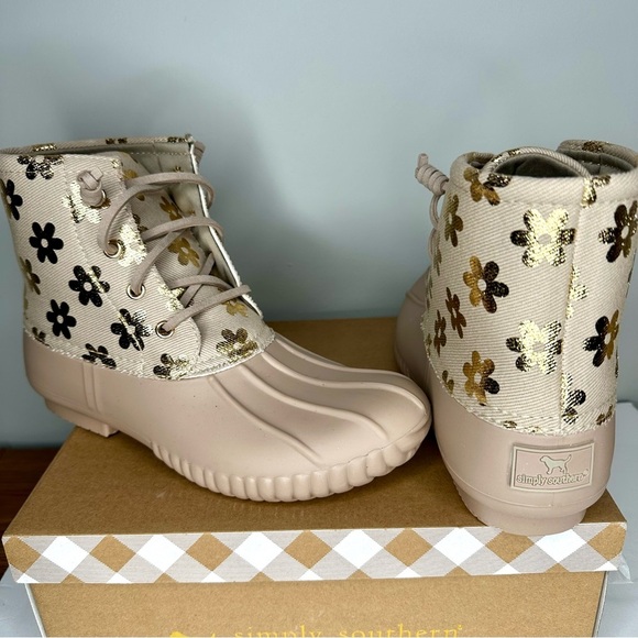 Simply Southern Tan Flower Metallic Duck Boots Women 9 - Picture 3 of 7